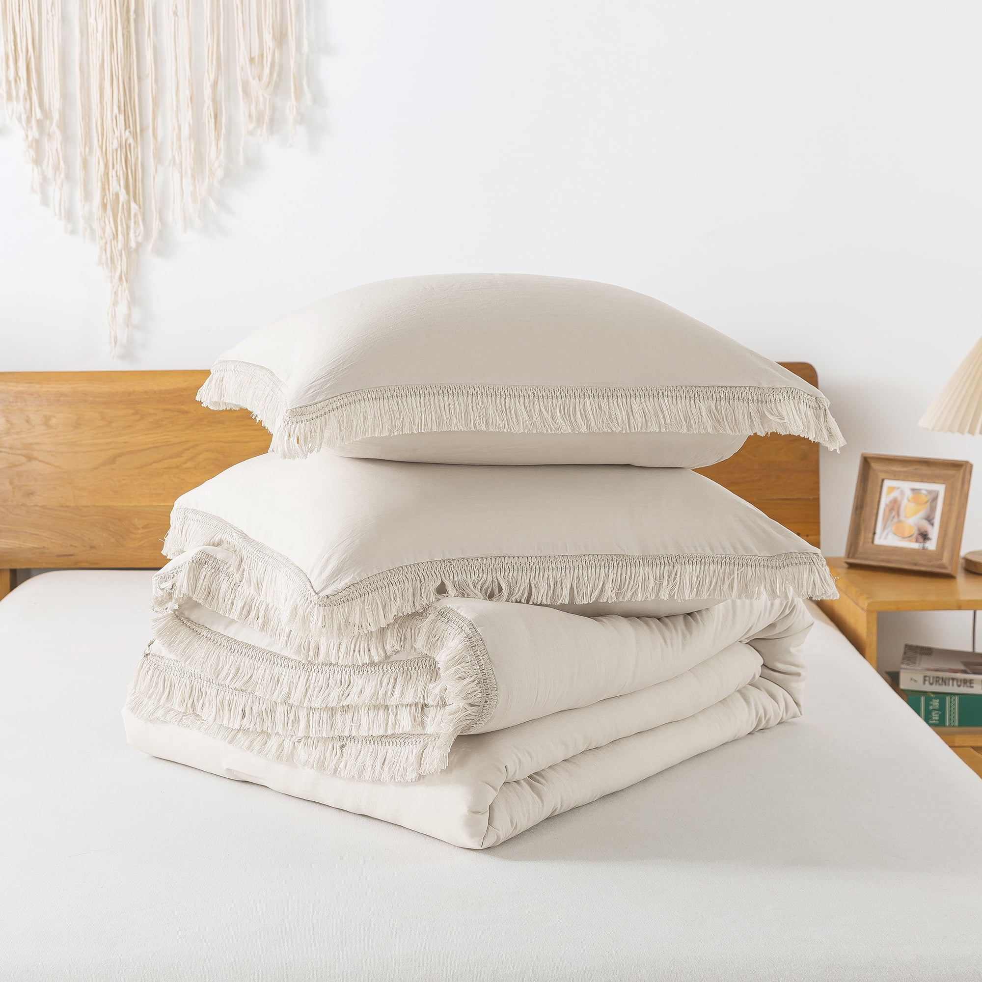 Andency Beige Comforter Sets Queen, 3 Pieces Soft Fluffy Cream Bedding Comforter Set for Queen Size Bed, All Season Lightweight Boho Tassel Down Alternative Bed Set