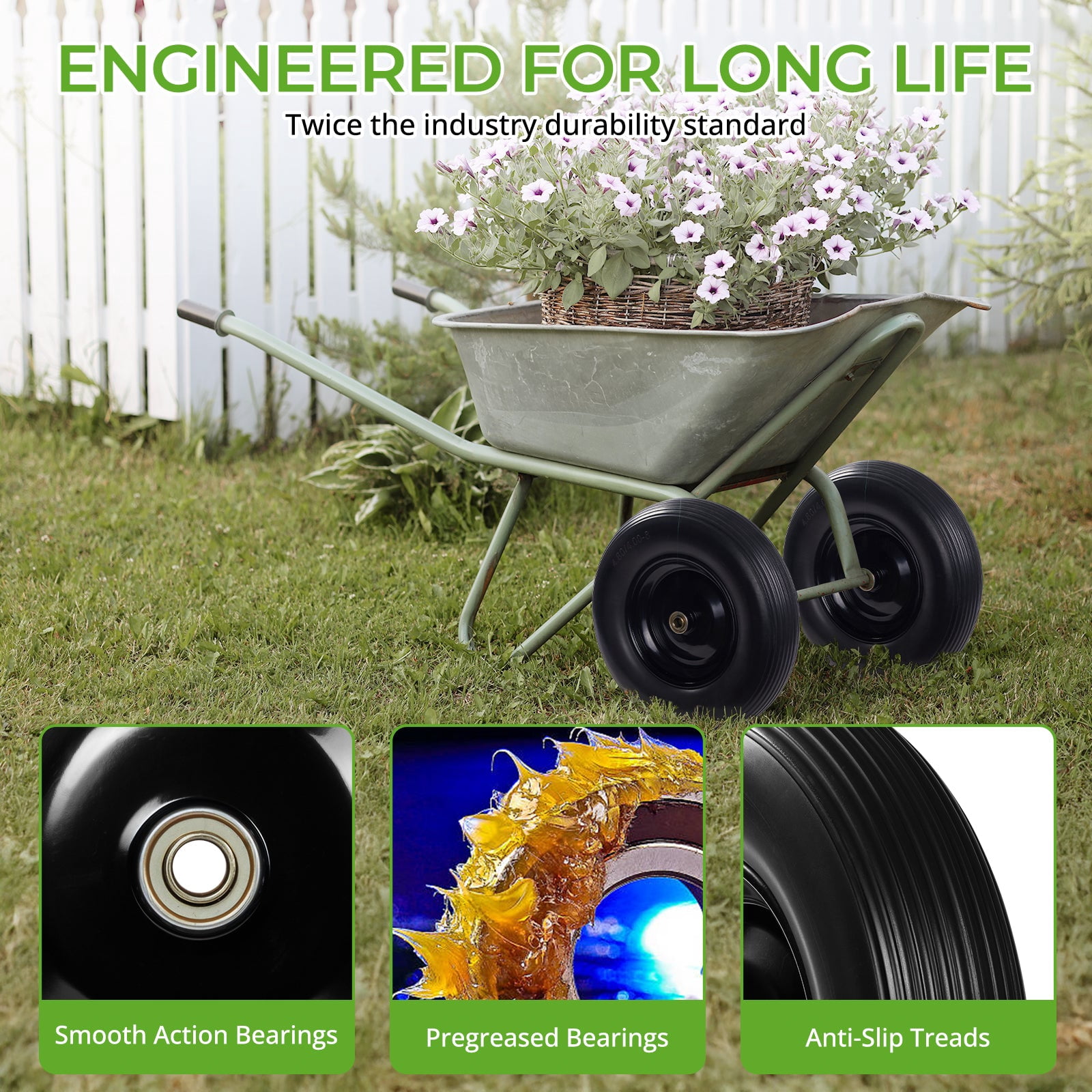 Backyard Expressions 16-Inch Flat-Free PU Tire 2-Pack – Heavy-Duty Solid Poly Wheels with 5/8" & 3/4" Bearings, Spacer Kit & Steel Hubs for Wheelbarrows, Garden Carts, Hand Trucks & Utility Equipment