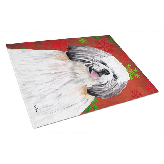 Carolines Treasures SC9423LCB Shih Tzu Red and Green Snowflakes Holiday Christmas Glass Cutting Board Large 12H x 16W