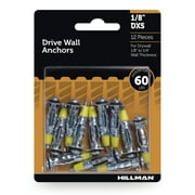 Hillman Drive Wall Anchors, 1/8" DXS, Zinc Finish, Steel, 60lbs, New, 12 Pieces