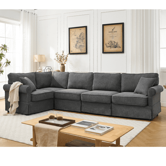 Modular Sectional Sofa Set, Convertible L Shaped Couch, 5 Seat, Reversible Sectional Sofa Couch, Upholstered,Corner Sofa, Rolled Arms, Soft Linen Fabric (Gray)