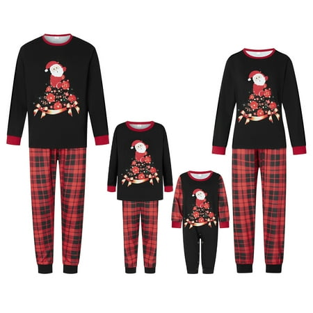 

FSDJHSDH Family Matching Christmas Pajamas Cartoon Santa Print Tops Plaid Trousers Sleepwear PJs Black Child 9-10 Years