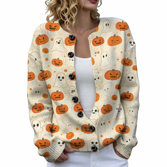 Halloween Sweaters for Women Cute Pumpkin Ghost Witch Print Knit Cardigans | Cute Halloween Knitted Sweater,Lightweight Breathable Cardigan with Ghost,Pumpkin and Skull Print,Ideal for Funny Par