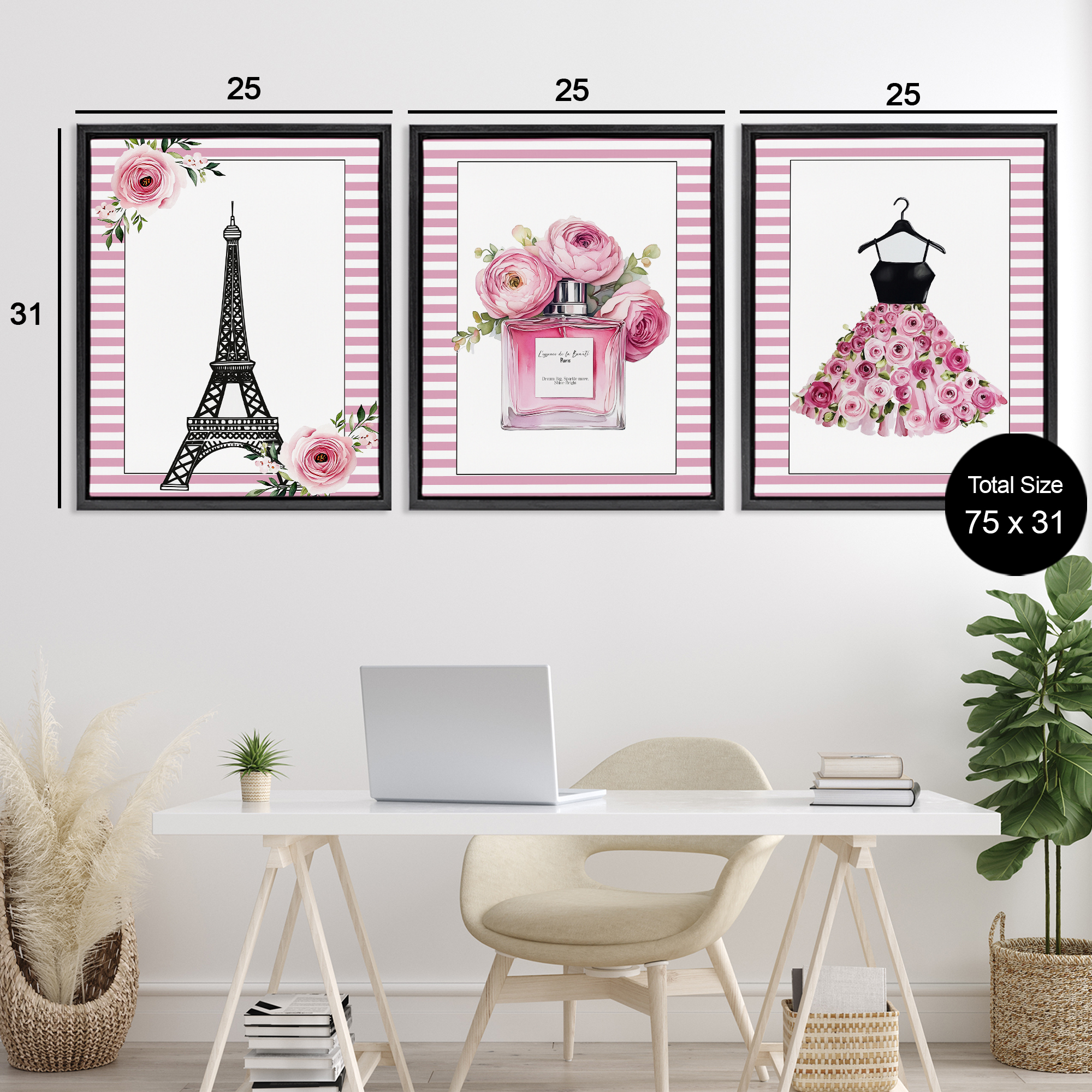 Parisian Glam with Stripes 3 Piece Black Framed Floater Canvas Set, design by Christine Simpson Art
