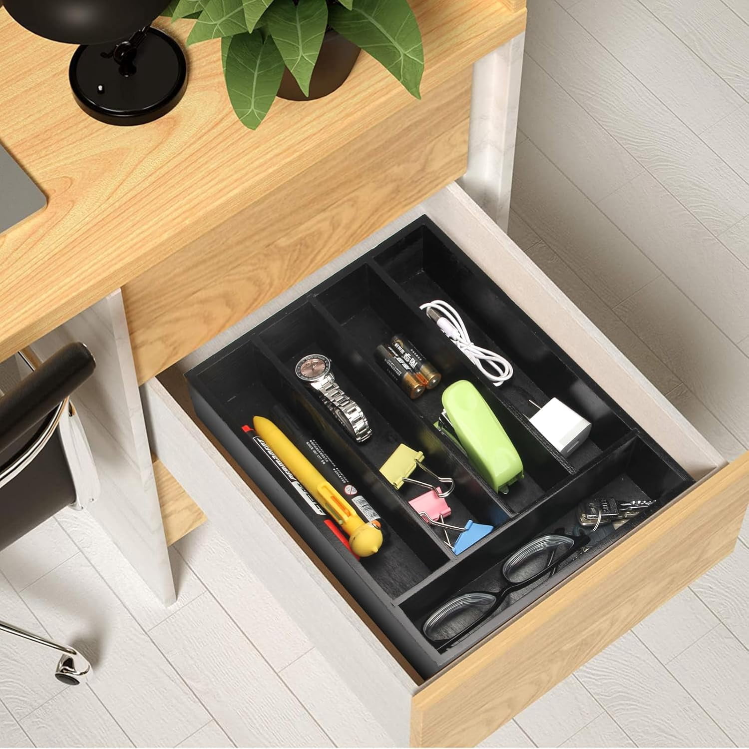 Small Cutlery Tray Narrow Wooden Silverware Organizer 12"x6.7" Spoon Kitchen Utensil Holder for Drawer Divider Bamboo Cutlery Drawer Organizers Storage Black Wood Silverware Tray Flatware Organizer
