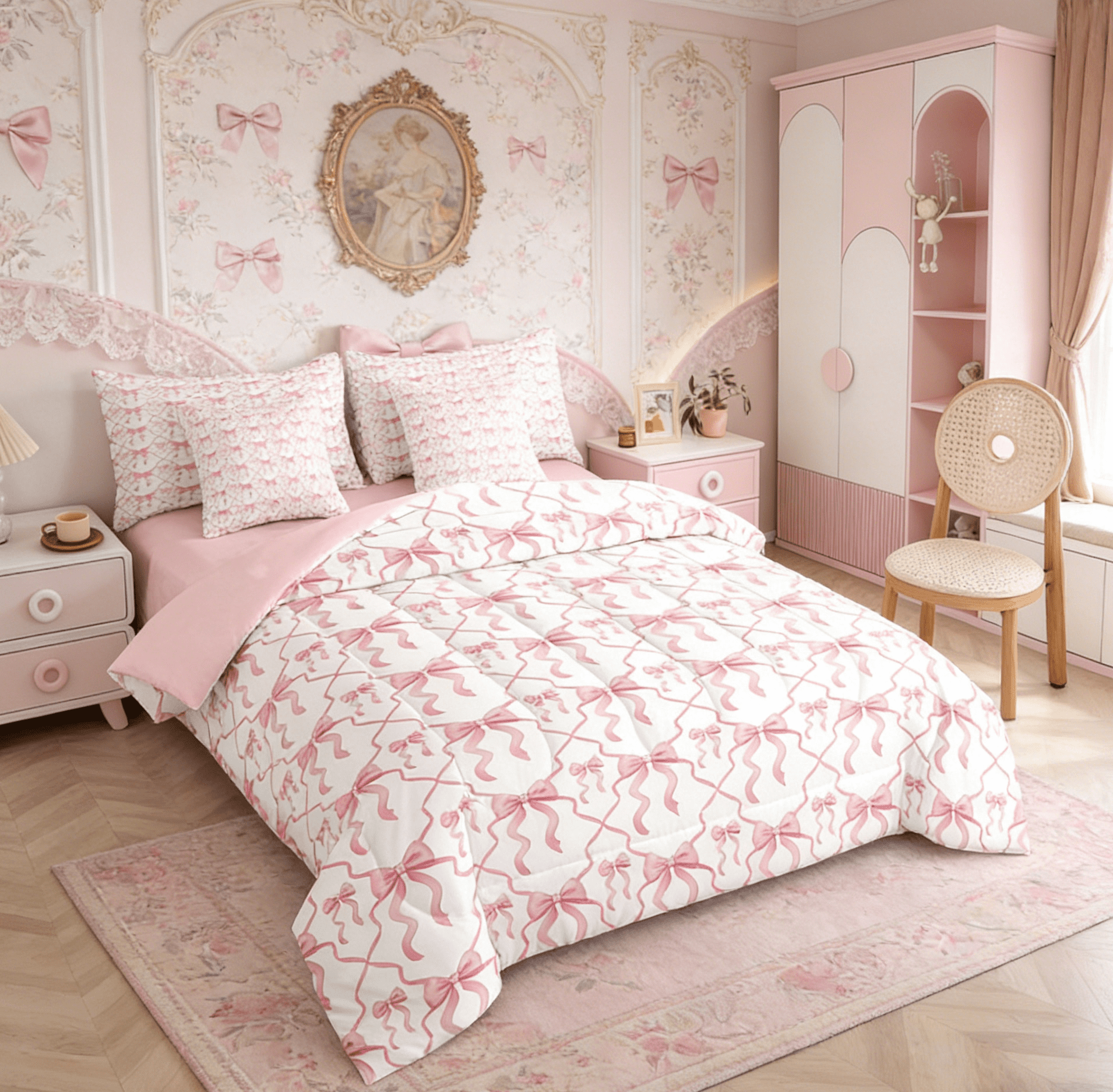 Pink Bow Bedding Set Teen Women,Cute Ribbon Bowknot Full Bed In A Bag 7 Pcs Kawaii Watercolor Bow Tie Comforter Set,Pink White Princess Bow Bed Set