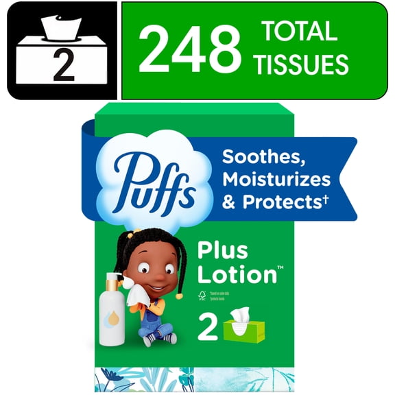Puffs Plus Lotion Facial Tissue, 2 Family Size Boxes, 124 Tissues Per Box