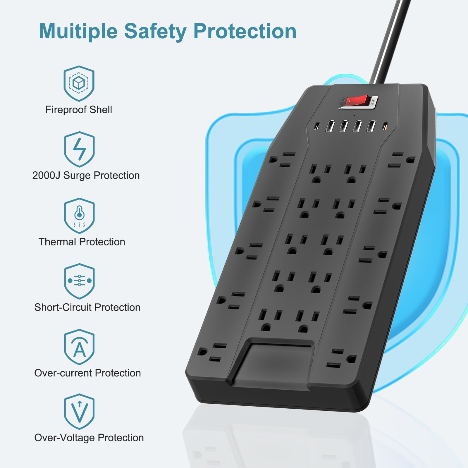 ZHANGONG 2000J Surge Protector Power Strip with 20 Outlets & 6 USB Ports (2 USB-C), 15A 1875W, 6.5ft Extension Cord, Flat Plug, Wall Mountable for Home Office Desk