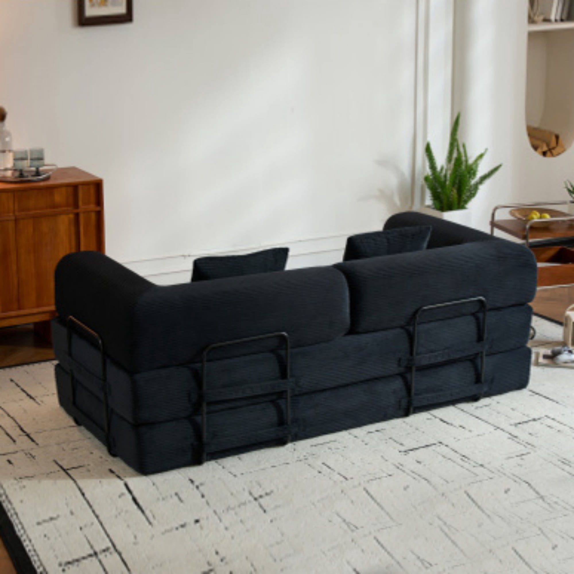 BSHTI 77" Corduroy Convertible Sleeper Sofa Bed with Cylindrical Pillow, No Assembly, Small Space for Living Room（Black）