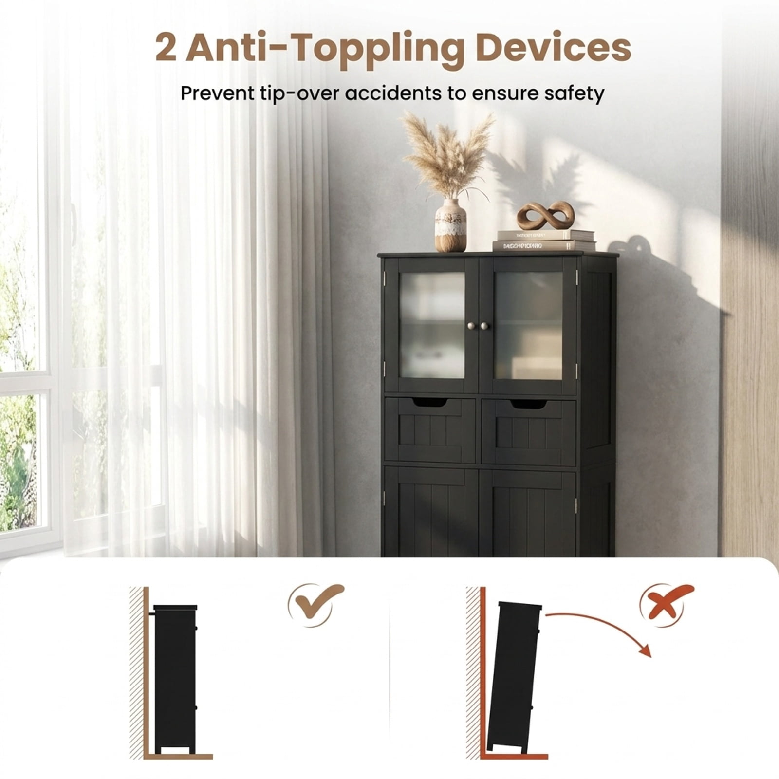 Vebreda Freestanding Bathroom Storage Cabinet, 4 Door Freestanding Bathroom Floor Storage Cabinet with 2 Drawers and Glass Doors