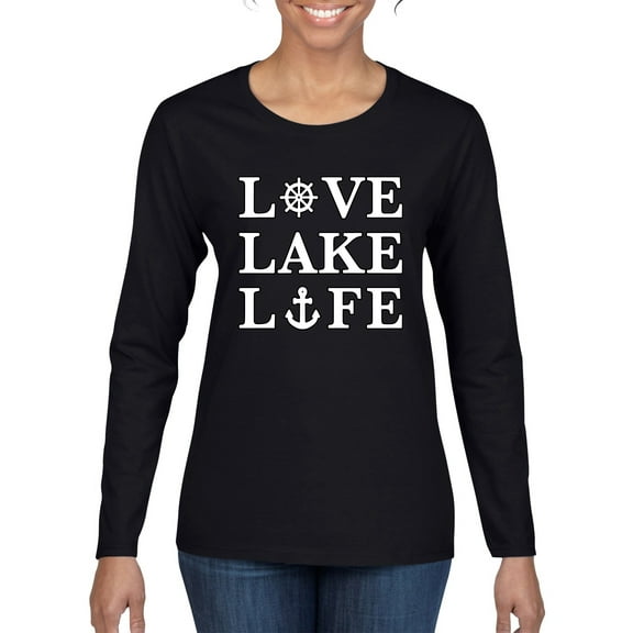 Wild Bobby, Anchor Wheels Love Lake Life, Women Graphic Long Sleeve Tee, Black, Small