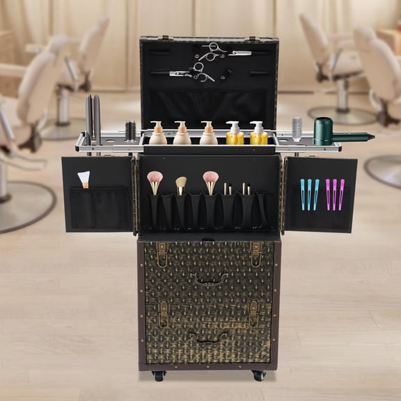 Vintage Rolling Hairdressing Case - Professional Lockable Makeup Train Case with Drawers, 55 Lbs Capacity, for Hairstylist & Makeup Artist Travel, Salon Organizer