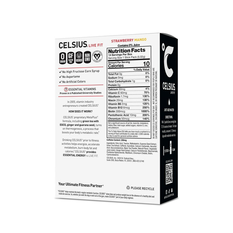 CELSIUS On The Go Energy Drink Mix, Strawberry Mango (14 Stick Pack)