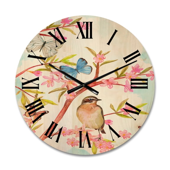 Designart 'Clever Bird Sitting On Branch of A Spring Tree With Butterflies' Traditional Wood Wall Clock