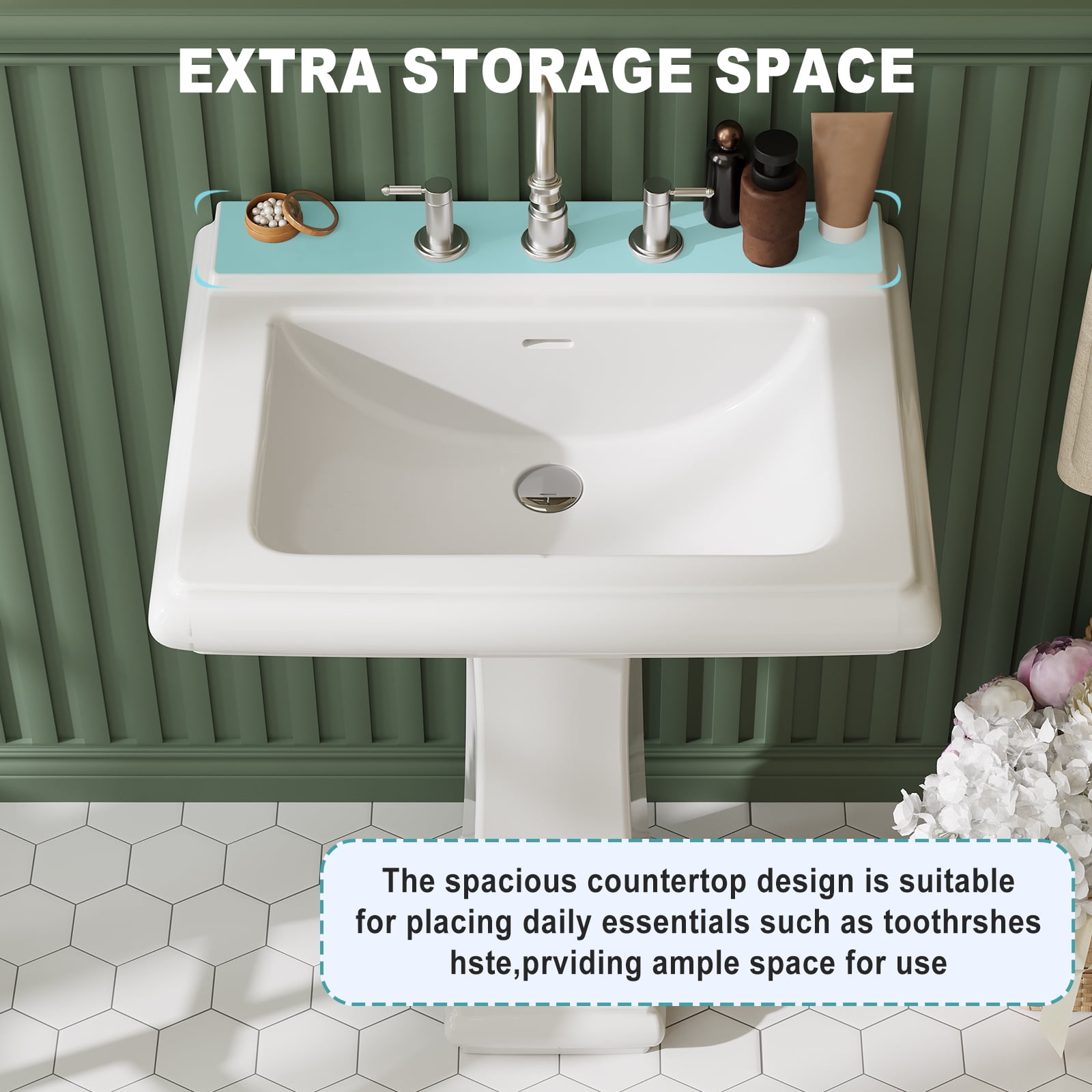 26"L X 21"W Rectangular Pedestal Sink, White Ceramic Pedestal Bathroom Sink with 3 Faucet Holes At 4" Faucet Centers, with Overflow