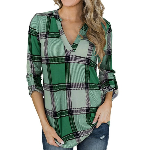 Pntutb moda mujer estampado a cuadros manga larga transpirable cuello en V camisa blusa tops Pntutb Pntutb-1425