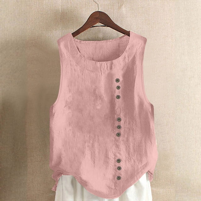 Womens Tank Tops, Womens Tank Top, Womens Solid Color Tank Top with Round Neck Faux Cotton and Linen Button Design and A Sense of Top with Round Neck Tank Tops