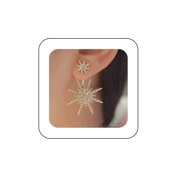 Bohemian Starburst Ear Jacket Earrings Sunburst Earrings Crystal Star Earrings Rhinestone Sun Dangle Earrings Cz Sun Studs Earrings Vintage Celestial Front Back Earrings(Gold)