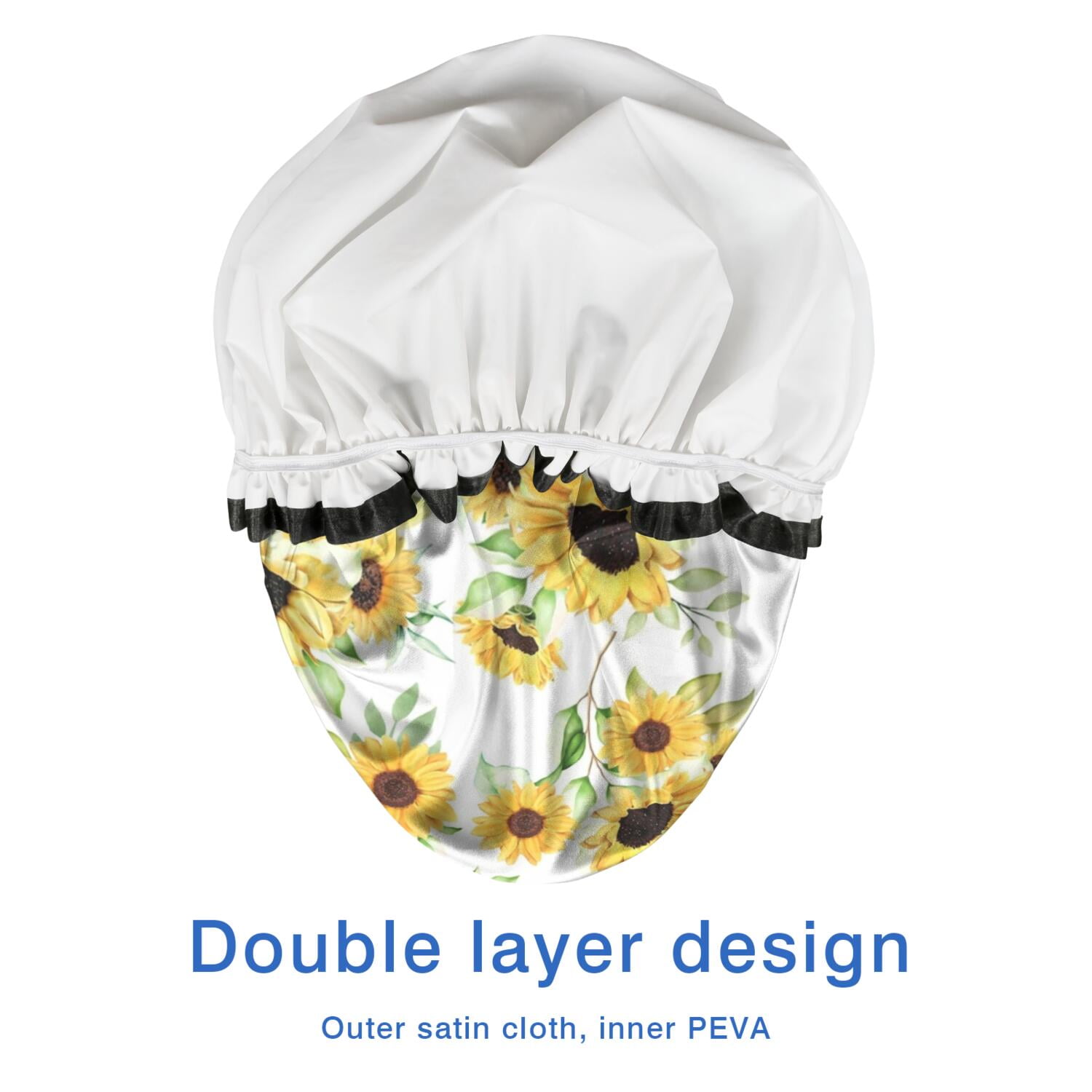 Shower Caps,White Green Leaf Sunflower Pattern Waterproof Shower Cap for Women 4 Pieces,Double Reusable Hair Cover for Shower PEVA Elastic Stretch Hem