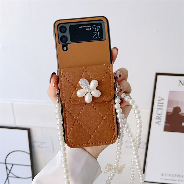 Funda de teléfono para Samsung Galaxy Z Flip 4 3 Z Flip3 Flip4 5G, bonita carcasa cruzada, perla, lazo, cordón, bolso de tarjeta, moda zhangmengya LED