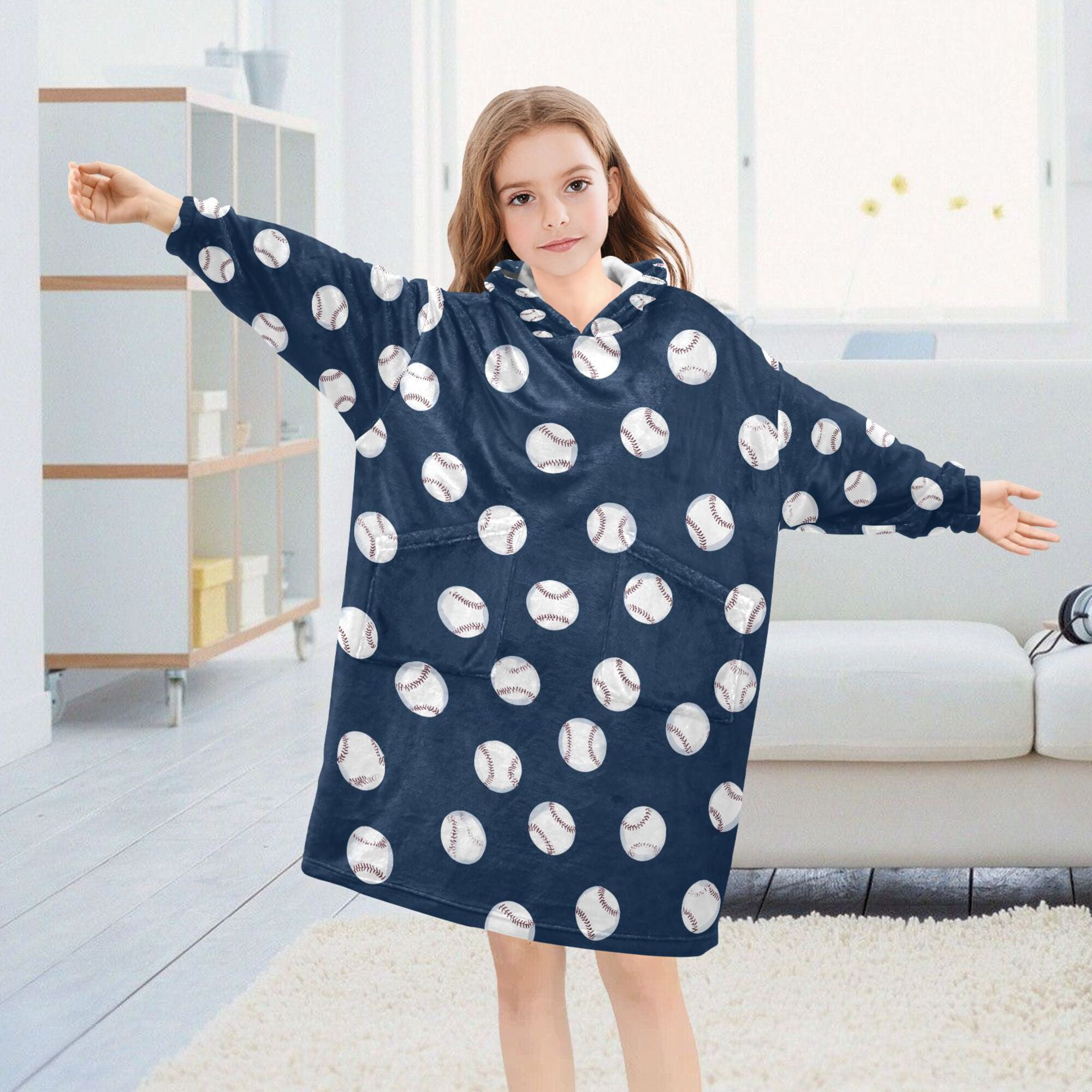 FORMRS Wearable Blanket Hoodie with Sleeves for Kids Cozy Flannel Sweatshirt, Navy Blue Baseball Pattern