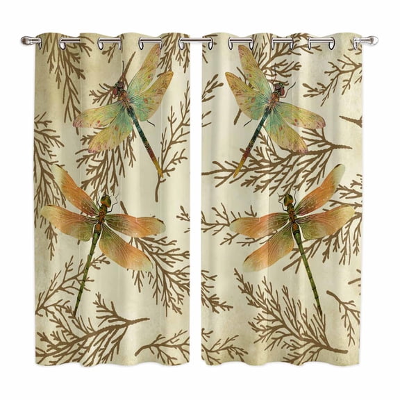 Vintage Dragonfly Kitchen Curtains Window Panels, Vintage Brown Tree Branch Insulated Window Treatment Curtain, Grommet Curtains for Bedroom/Living Room/Bathroom, 2 Piece 42"Wx63"L