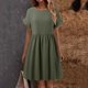 thumbnail image 2 of Vestido largo de lino liso con cuello redondo para mujer - Corte holgado, poliéster, elegante vestido informal de verano, 2 of 5