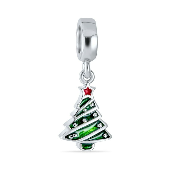 Bling Jewelry Womens Christmas Charm Bead Red Star & Green Tree Dangle Enamel Silver for Bracelets