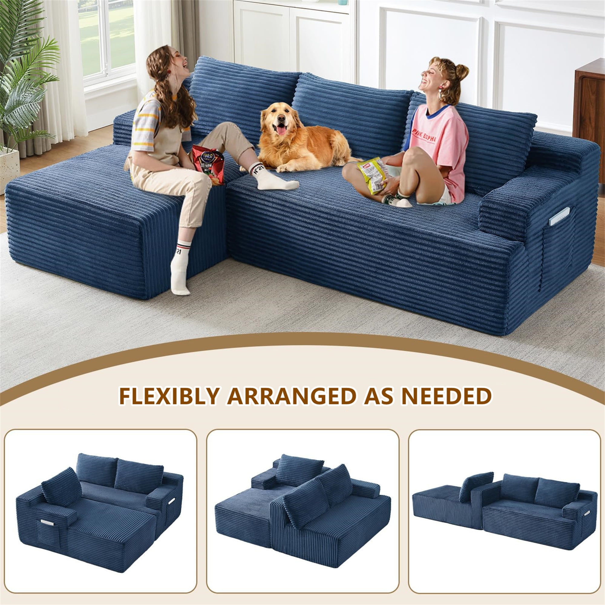 Aukfa 95" Cloud Sectional Sofa Boneless Couch Modular Sofa Bed for Living Room, 2 Side Pockets, Left Chaise, Blue