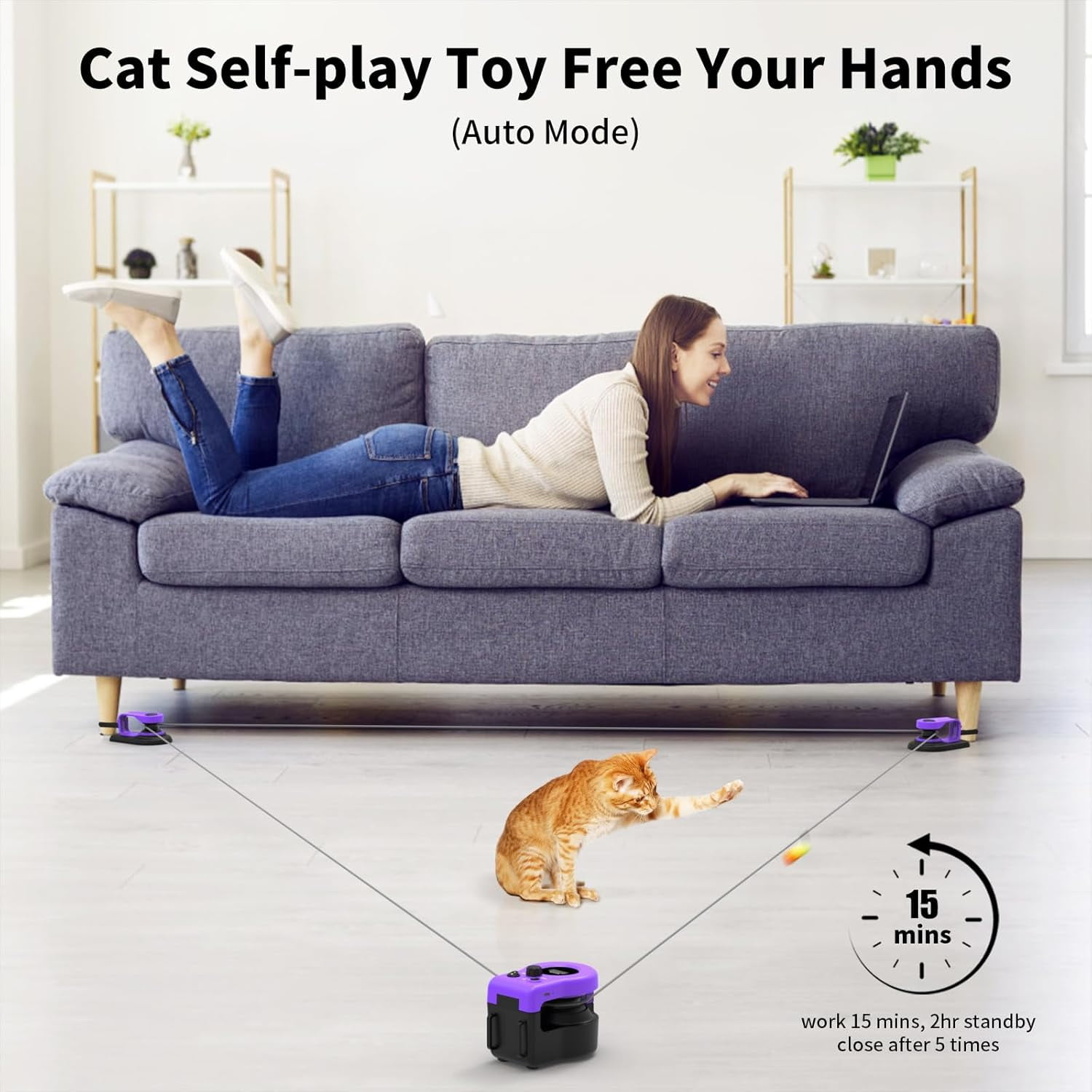 Pet Deluxe Interactive Cat Toy for Indoor Cats, Cat Feather Toy Treadmill for Bored Kitten Puppy Play Chase Run Exercise, Auto/RC Control DIY Cat Mouse Hunting Toy-Purple