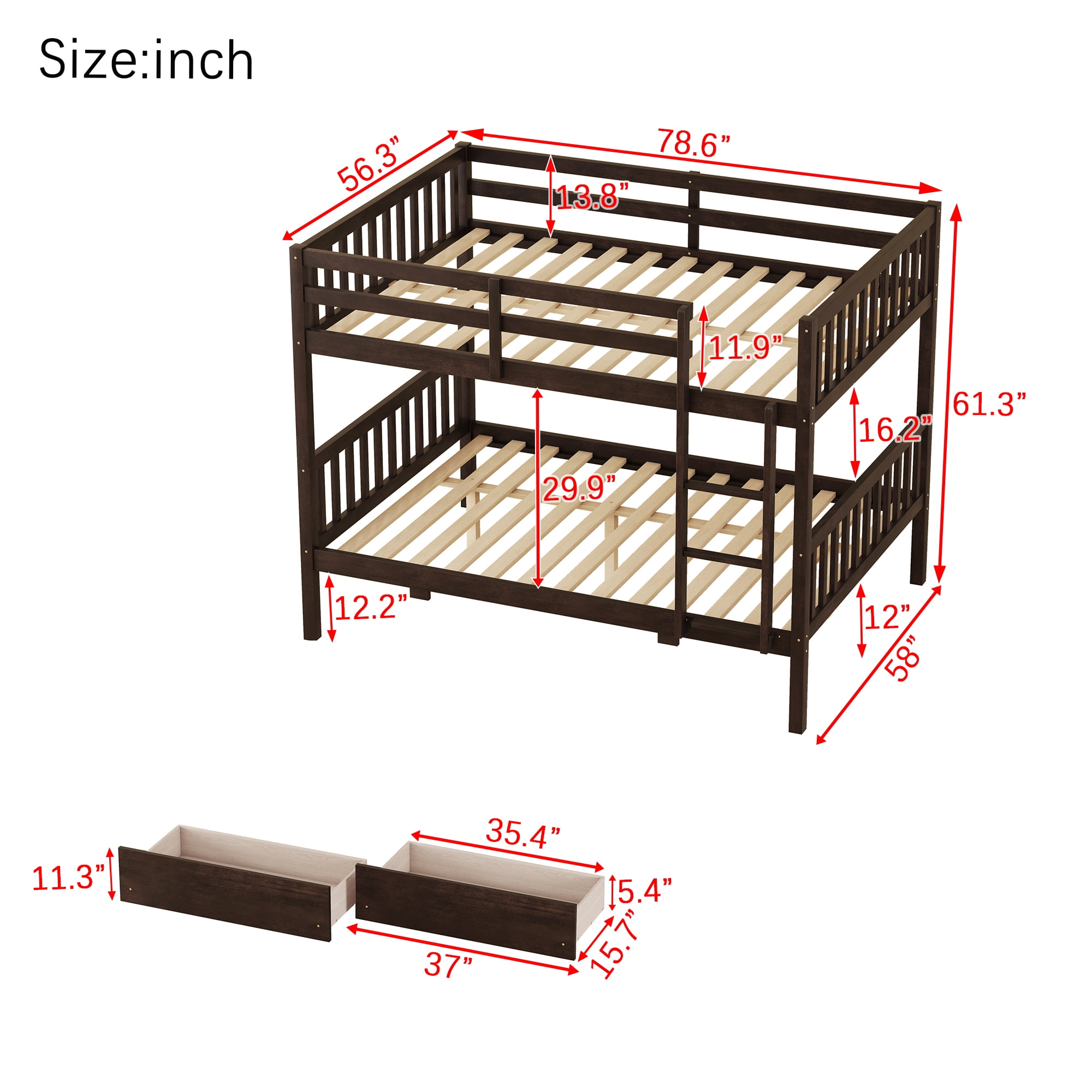 Sailvan full Over full Rubber Wood Bunk Bed with 2 Drawers, Convertible into 2 full Beds with Ladder