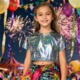 thumbnail image 2 of Huowey Kids Shirt Shine Sequins Shirts Crop Top Short Sleeve Round Neck Carnival Performance Glitter Sequin Stretch Tee Dancewear Cute Tops,Black,3-4 Years, 2 of 4