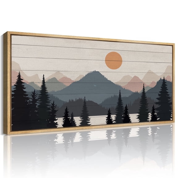 HPNIUB Boho Mountain Framed Canvas Wall Art Tree Forest Misty Woodland Painting Nature Sunrise Landscape Decor for Living Room Bedroom Office 20x40 Inch