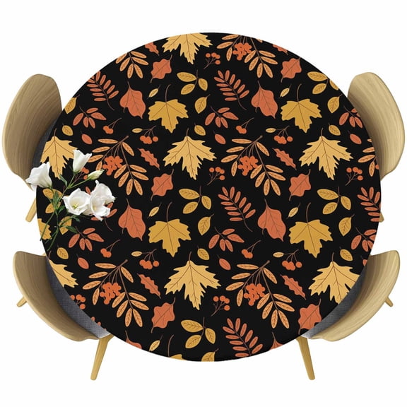 Fall Maple Leaves Round Tablecloth, Fitted Table Cover with Elastic for 55"-60" Round Tables, Autumn Farmhouse Yellow Orange Plants Table Cloth Outdoor Indoor Dinning Party Waterproof Tablecloths