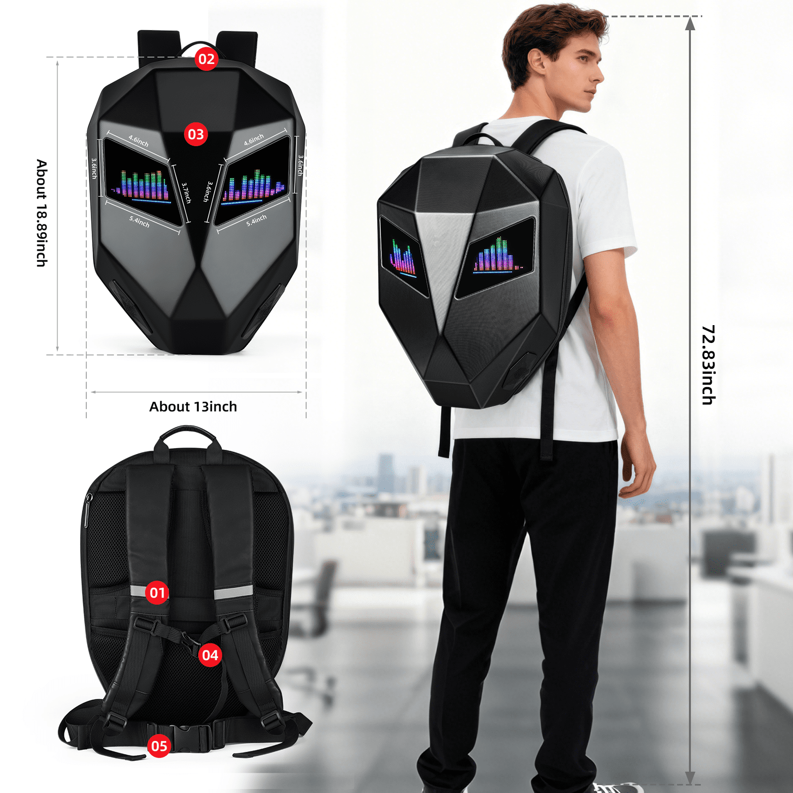 Gelrova LED Motorcycle Backpack, Hard Shell DIY Waterproof, Large 19 Inch, Suitable for Adults
