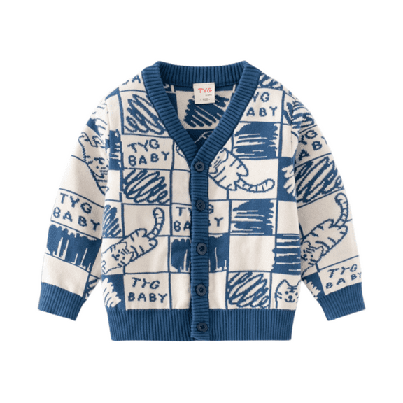 KYAIGUO Winter Kids Boys Coat Soft Sweater Comfortable Cartoon Cat Sweater Cardigan Knit Jacket Buttons V Neck Long Sleeve Toddler Boys for 2-7Y