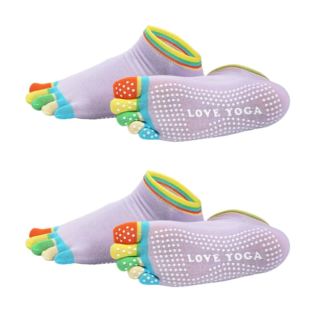 Uxcell Yoga Toe Socks, Non-Slip Five Toe Socks Cotton Toe Sock Finger for Men Women High Performance One Size Fits -Fit for (Pilates/Barre/Ballet/Fitness) 2 Pairs & Colorful-Light Purple