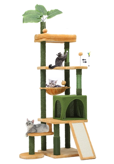 Uforic 73" Large Cactus Cat Tree Tower with Cat Scratching Posts Cozy Condo Perch for Indoor Cats, Green&Yellow