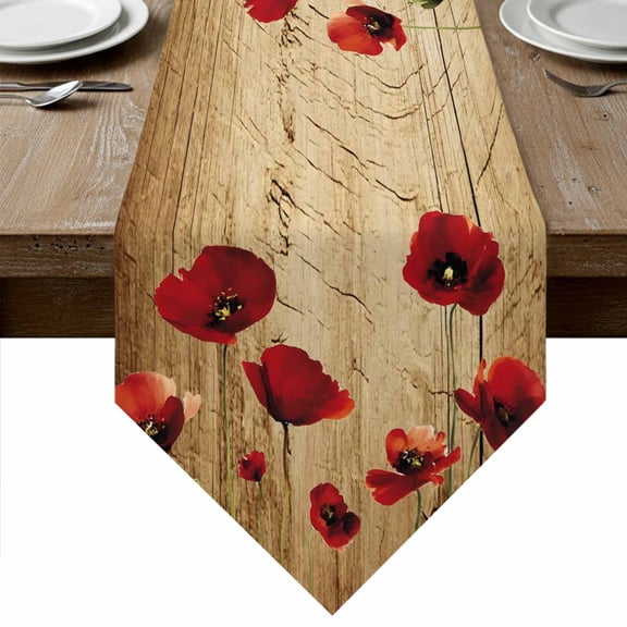 Red Poppy Flowers Table Runner Linen Burlap Table Runner 120 Inches Long Vintage Country Floral Plant Dresser Scarves for Kitchen Island Coffee Dining Room Party Wedding Holiday Decor 13"x120"