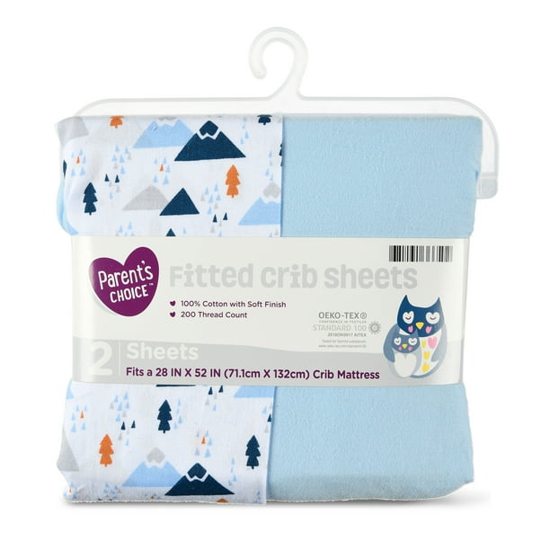 Parent's Choice 100 Cotton Fitted Crib Sheets, 2Pack, Mountain Blue
