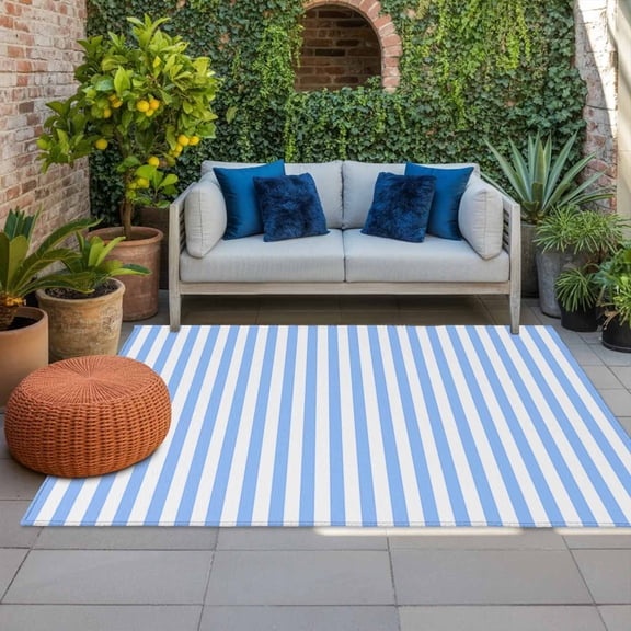 Outdoor Rug 3x5 ft Blue Stripes Outdoor Large Area Rug Non Slip Rubber Classic Vertical Striped Front Door Mat RV Rug Camping Carpet Patio Outdoor Rugs for Backyard Balcony Deck Porch Indoor