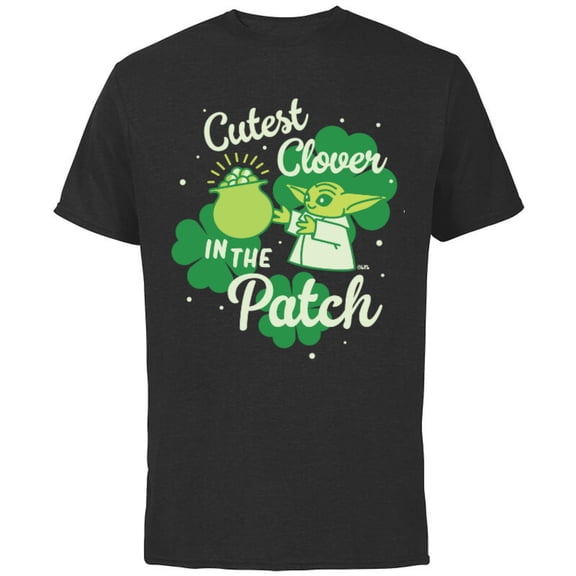 Star Wars The Mandalorian Grogu Cutest Clover in the Patch - Short Sleeve Cotton T-Shirt for Adults - Customized-Black