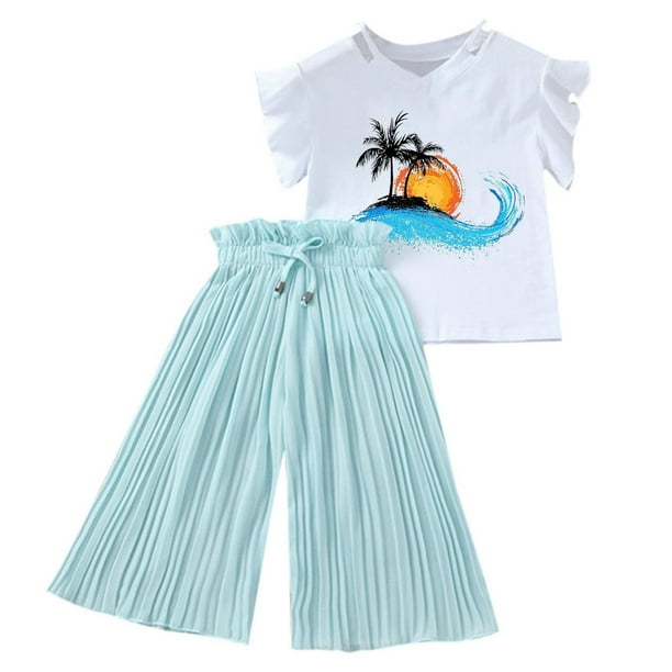 Conjunto playero de verano para niña REDARER: camiseta estampada + pantalón fruncido de gasa, corte holgado con volantes, talla 6-7 años
