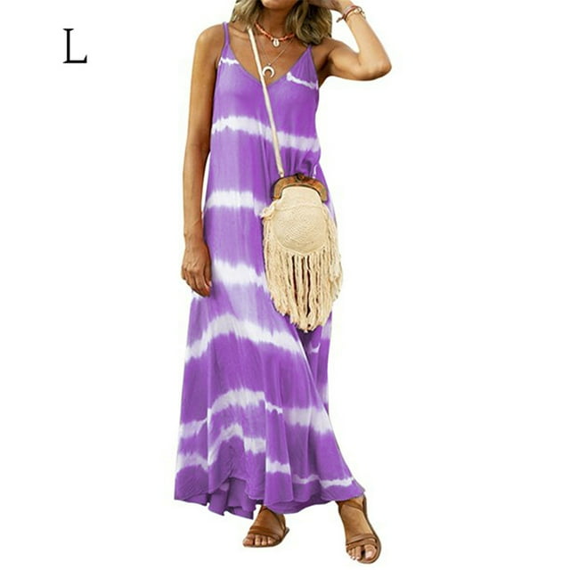 Vestido largo con cuello en V Ropa de verano Vestido suelto sin mangas a rayas, Morado, L tholdsy AP001806-13