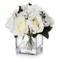 thumbnail image 3 of Enova Home Mixed Artificial Silk Roses Fake Flowers Arrangement in Cube Glass Vase with Faux Water for Home Office Wedding Decoration(Cream), 3 of 4