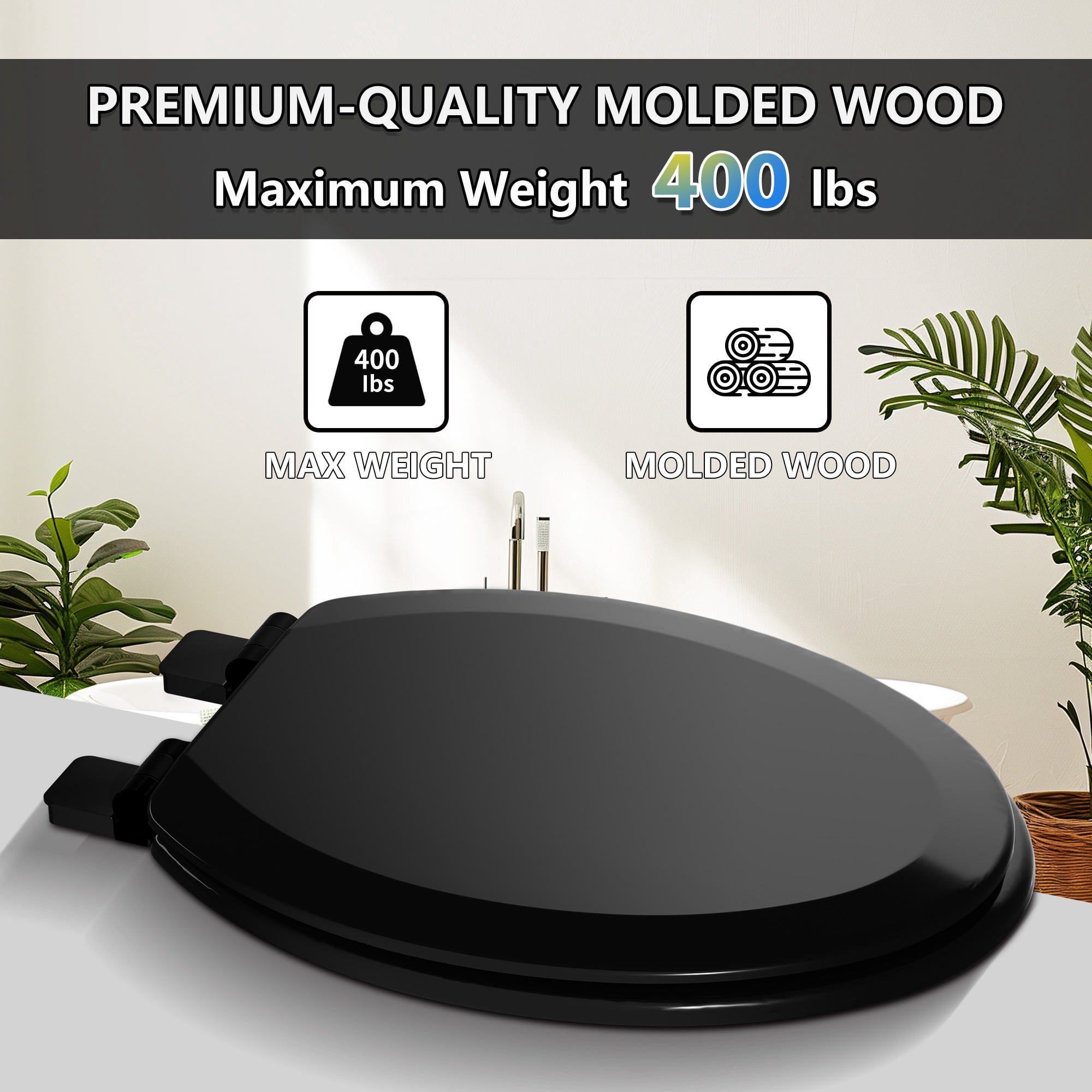 Angol Shiold Wood Toilet Seat with Non-Slip Adjustable Hinges, Quiet-Close ( Black, Elongated 18.5'' )