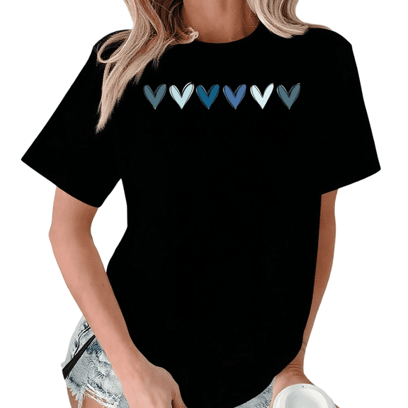 Giffimy Women One Day At A Time Blue Hearts Graphic Crew Neck Daily Casual Short Sleeve S-5XL Black Tops