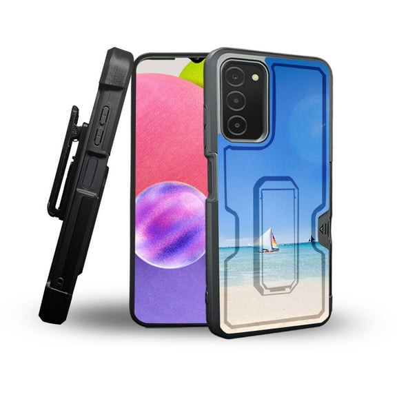 ANJ  Rugged Shockproof Holster Case Card Slot Kickstand   Tempered Glass Cover for Samsung Galaxy A03s - Sail in Ocean