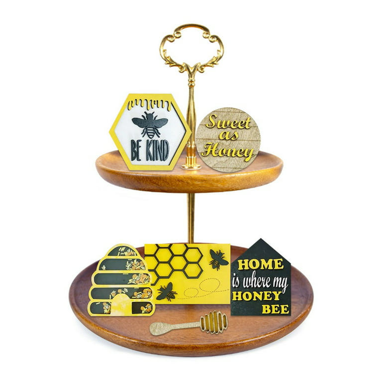 1set Bee Elements Home Decoration Wooden Bumblebee Sign Rustic Farmhouse  Layered Tray Accessories+ Wooden Bead String,Art Carving Work Statue  Decor,De