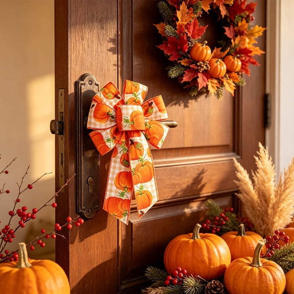 Yakvarog 5pcs Thanksgiving Woven Wreath Bows, Fall Pumpkin Maple Leaf Ribbon Bows, Decorative Craft Bows for Gift Wrapping, Home Decor, Party & Holiday Embellishment